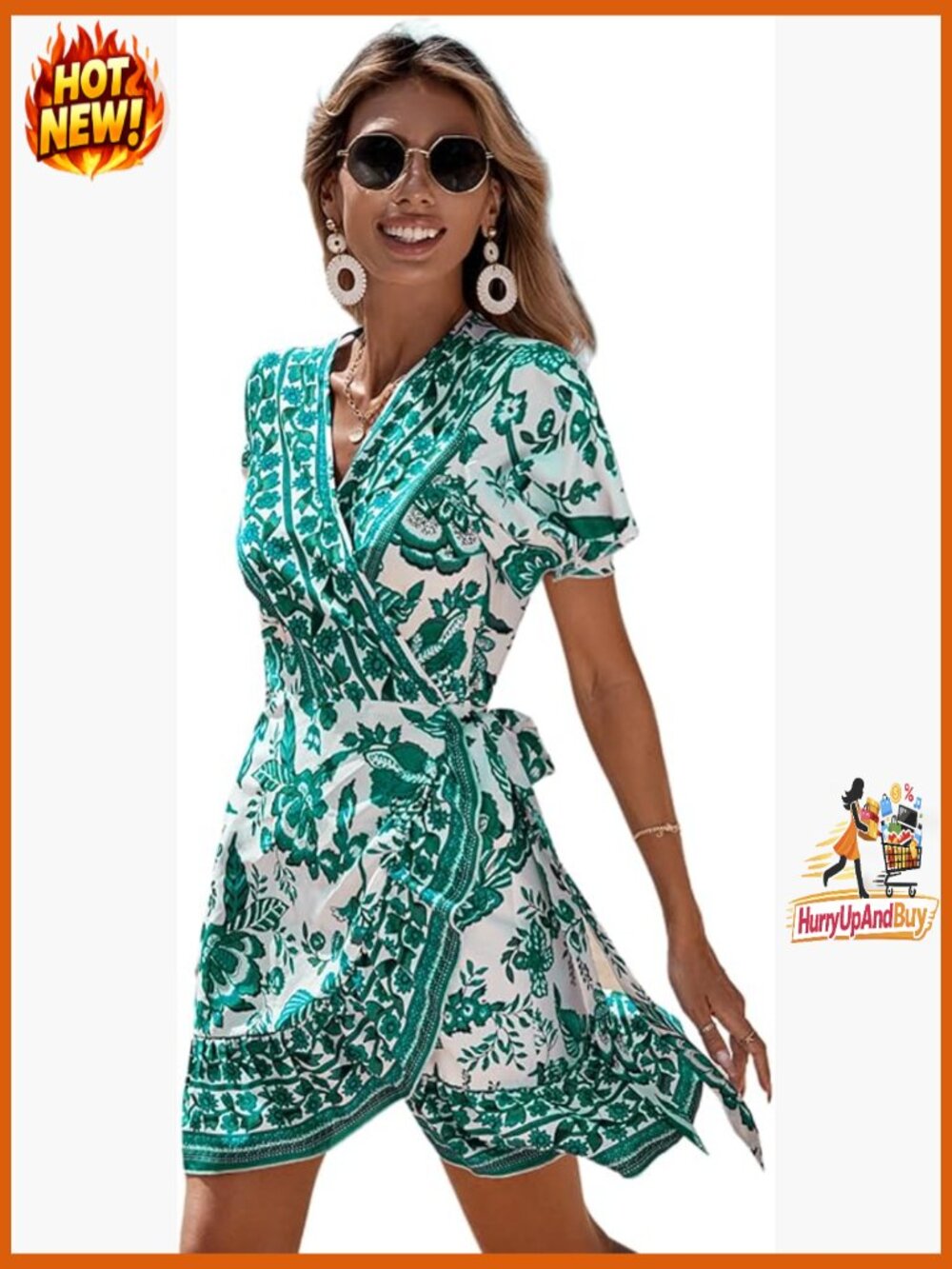 Boho Floral Print Wrap Dress Ruffle Hem A-Line V-Neck Summer Casual Chic